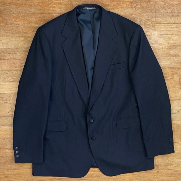 Vintage Mens Suit Set Size 46L Blazer 40x32 Pants 70s Navy Blue Pinstripe Jacket - Picture 2 of 10